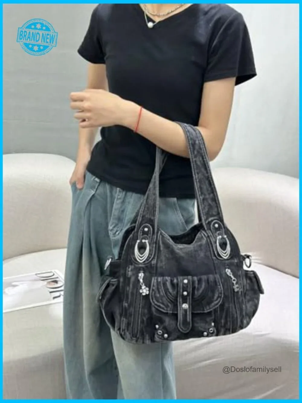 Vintage Denim Hobo Bag Washed Jean Texture Tote Crossbody Purse Shoulder